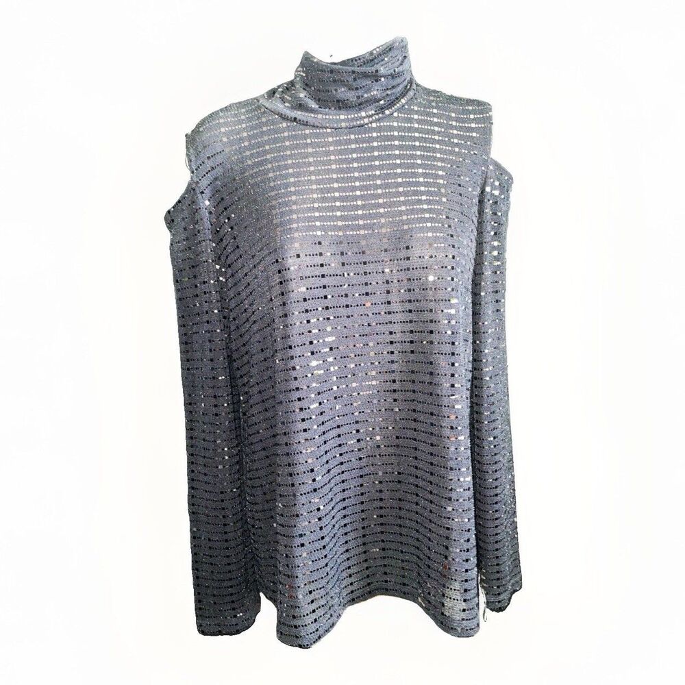 Clara S NWT Black Sequin Open Shoulder Top XS Shimmer Mock Neck Party NYE Glam
